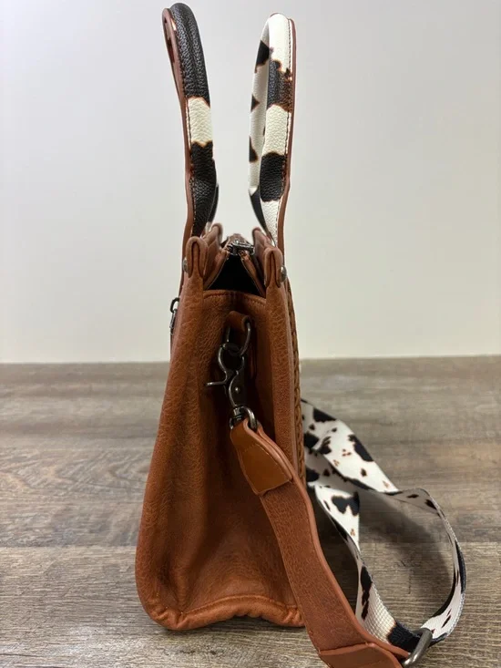 Wrangler Western Cow Print Tote Bag Brown Faux Leather Crossbody Satchel - Picture 5 of 13